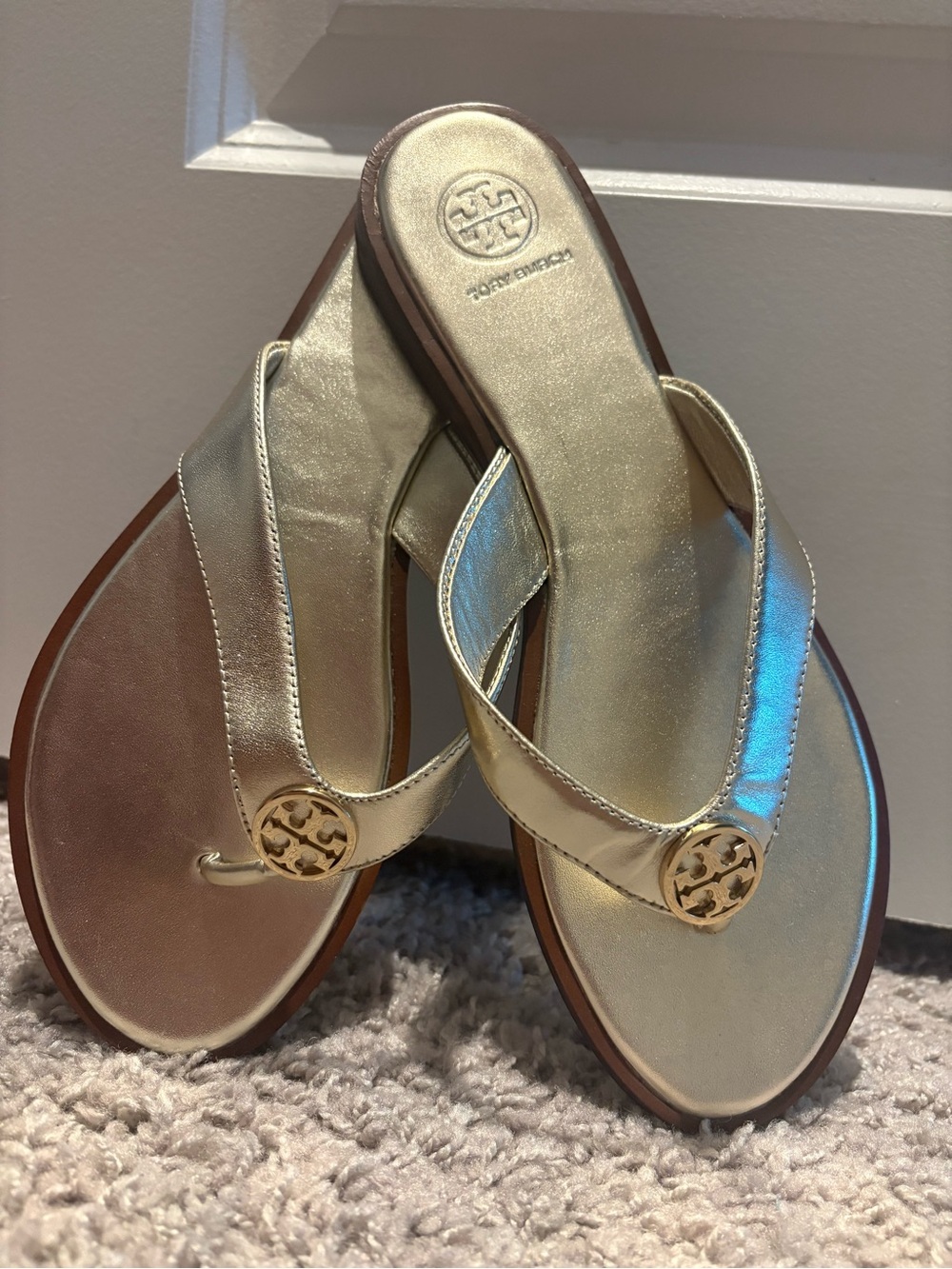 Tory Burch Metallic Gold Logo Thong Sandals